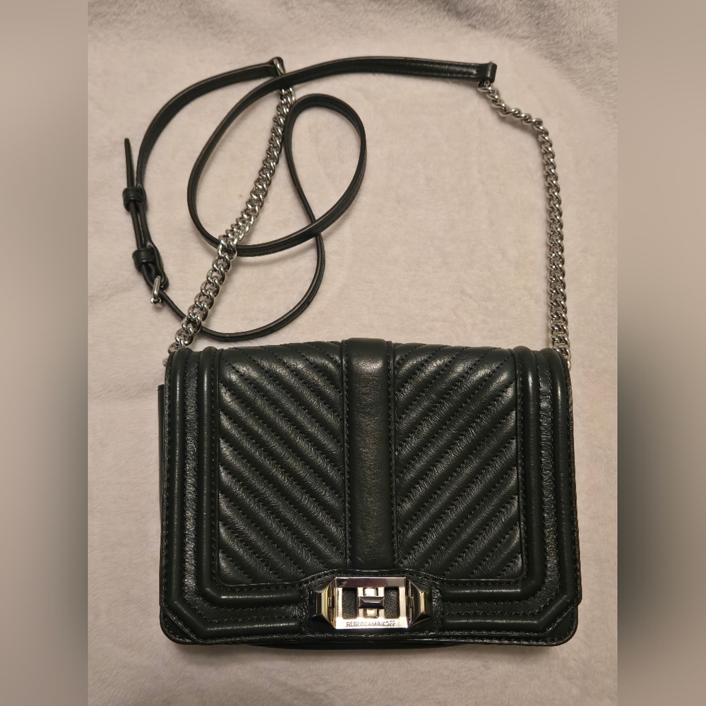 Rebecca Minkoff Dark Green Chevron Quilted Chain Leather Shoulder Bag